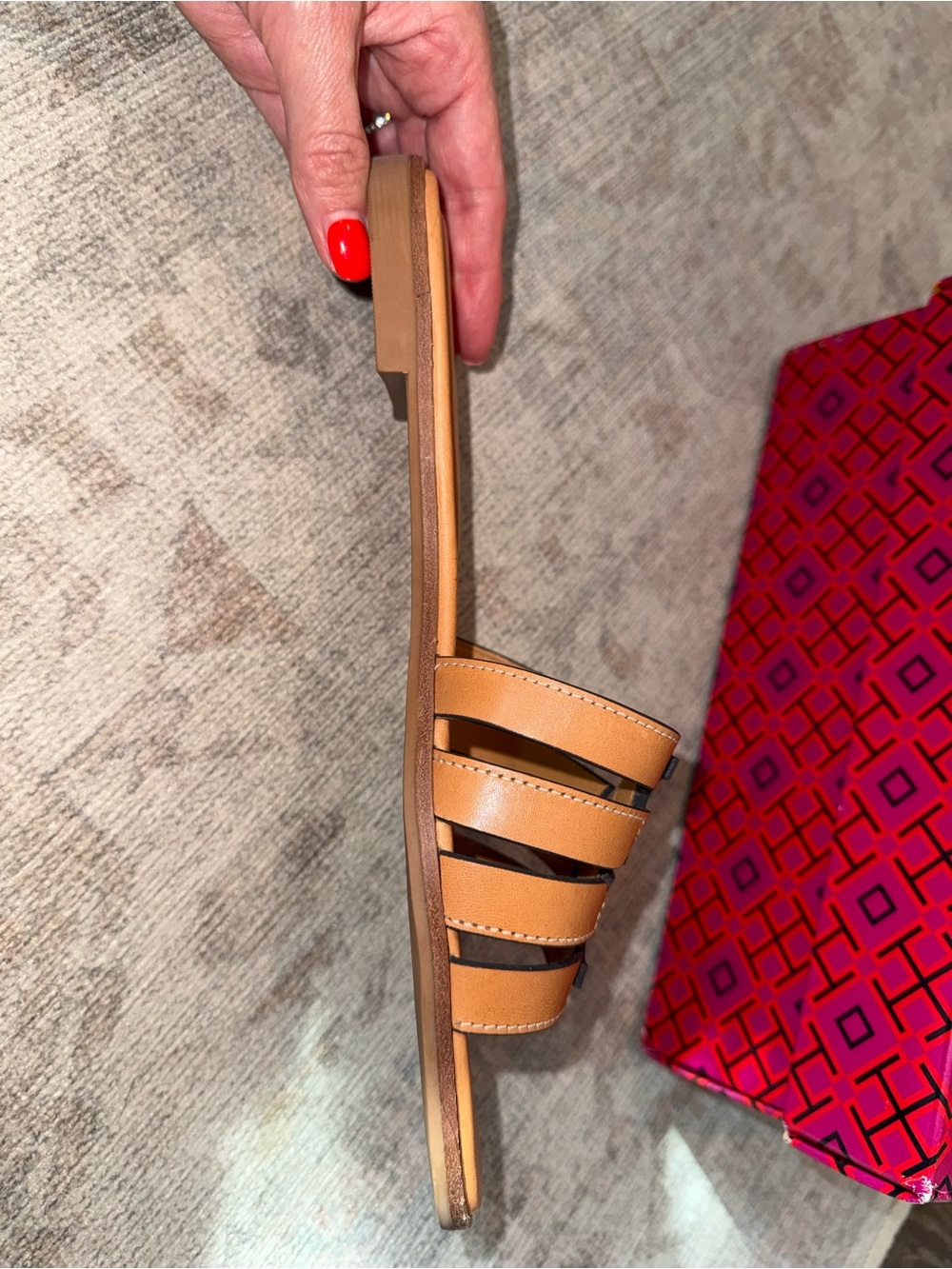 Tory Burch Ines Cognac Leather Triple-Strap Slide Mules - Picture 14 of 16